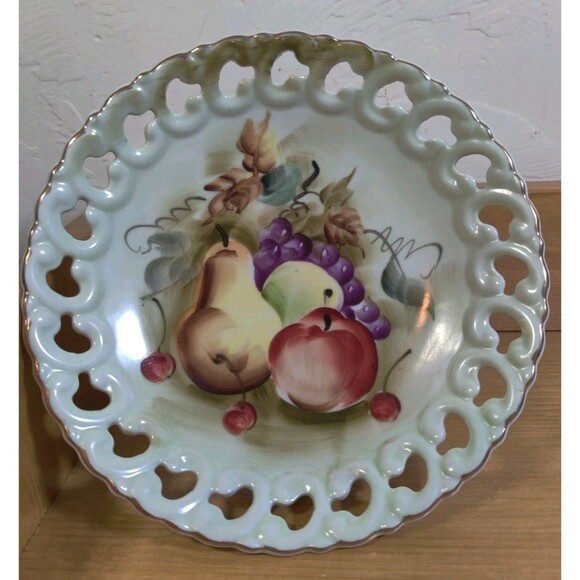 Lefton Vintage Hand Painted Pedestal Pierced Compote Dish Gilded Fruit 7x4" - Picture 2 of 9